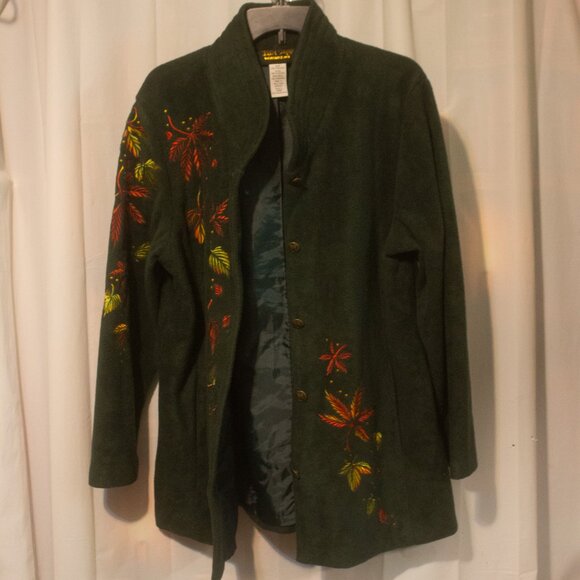 Bob Mackie Wearable Art Jacket Women's Large Green Fleece Fall‎ Autumn Leaves - Picture 6 of 6